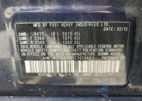 2012 Subaru Legacy 2.5I from USA, damaged, VIN 4S3BMCA67C3028687